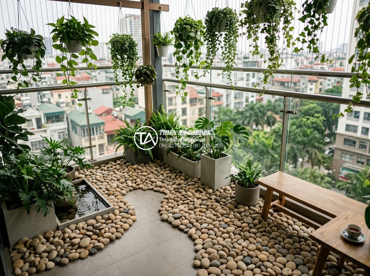 Ứng dụng đá thấm thủy trong thiết kế tiểu cảnh ban công nghệ thuật - Modern balcony design featuring water absorbing stones with hanging greenery and