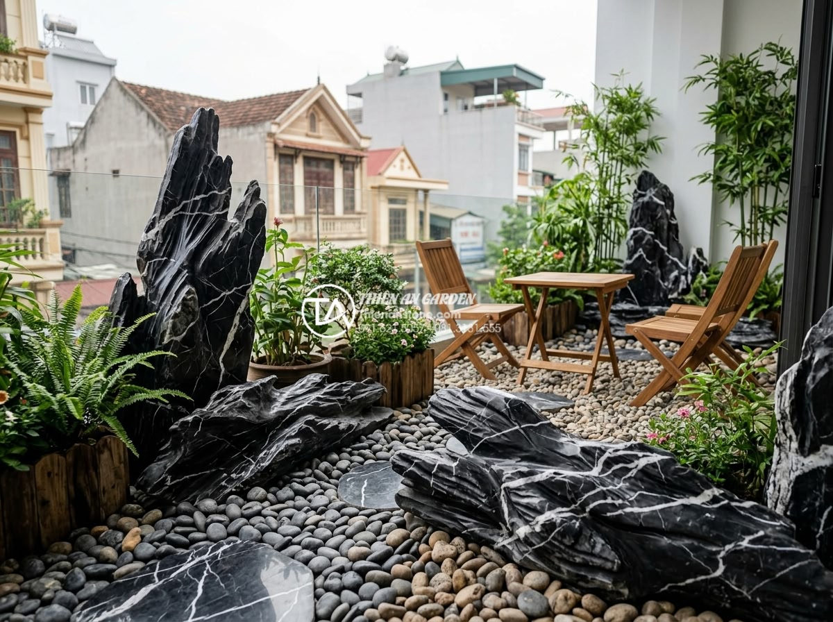 Xu hướng sử dụng sỏi quay và đá cuội trong trang trí ban công 2026 - Modern 2026 balcony design featuring polished gravel and natural river pebbles c