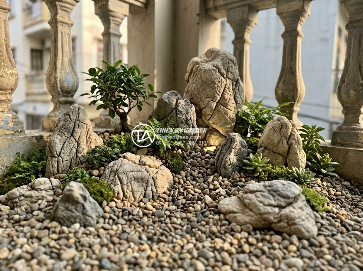 Xu hướng sử dụng sỏi quay và đá cuội trong trang trí ban công 2026 - Detailed view of small balcony corner transformed into pebble stone and gravel m