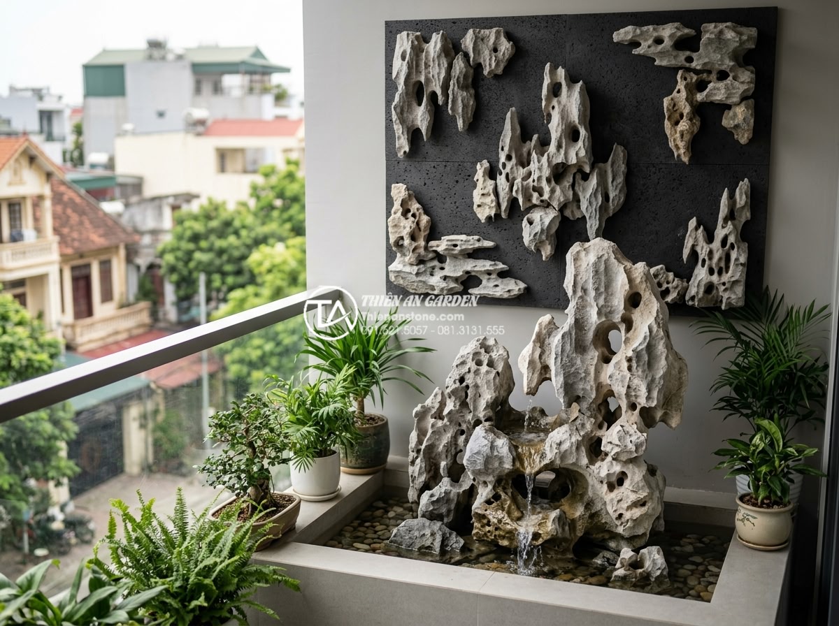 Xu hướng sử dụng sỏi quay và đá cuội trong trang trí ban công 2026 - Natural river pebble stones used creatively in modern balcony wall art and water