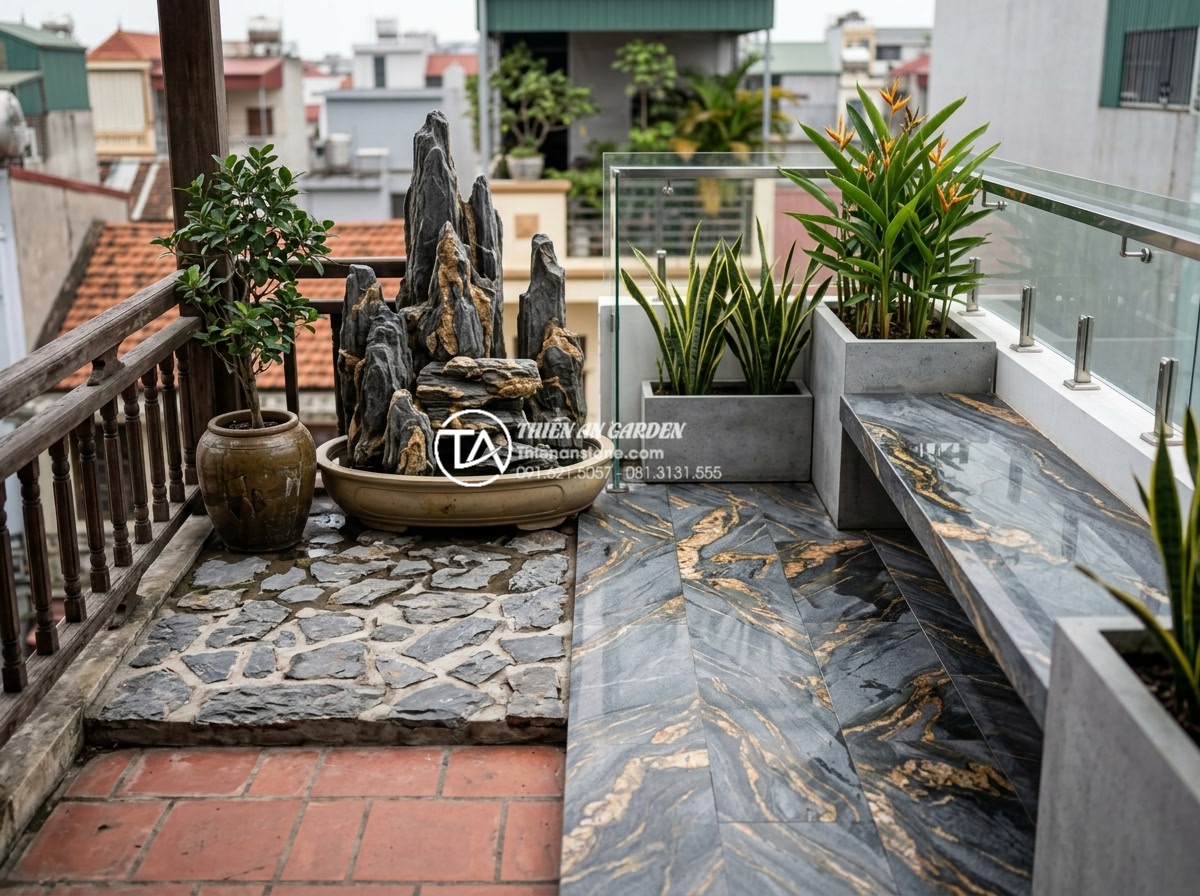 Xu hướng sử dụng sỏi quay và đá cuội trong trang trí ban công 2026 - Evolution from traditional to modern pebble stone balcony applications showing c