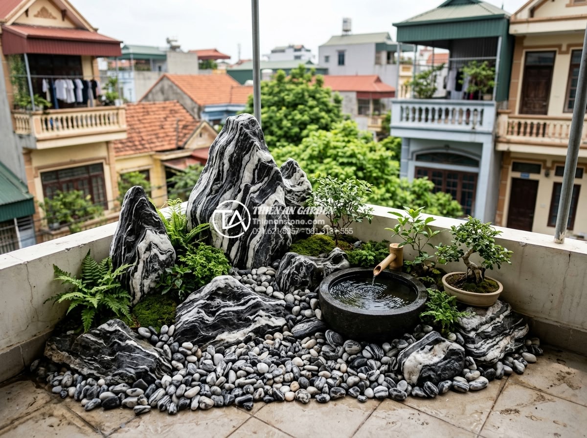 Xu hướng sử dụng sỏi quay và đá cuội trong trang trí ban công 2026 - Integrated mini garden on balcony combining large decorative stones, polished gr