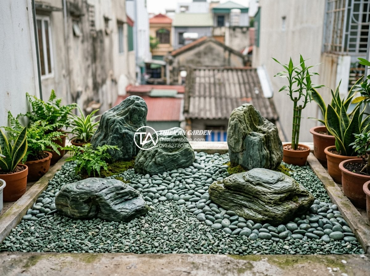 Xu hướng sử dụng sỏi quay và đá cuội trong trang trí ban công 2026 - Layered stone arrangement showing professional combination of gravel, pebbles an