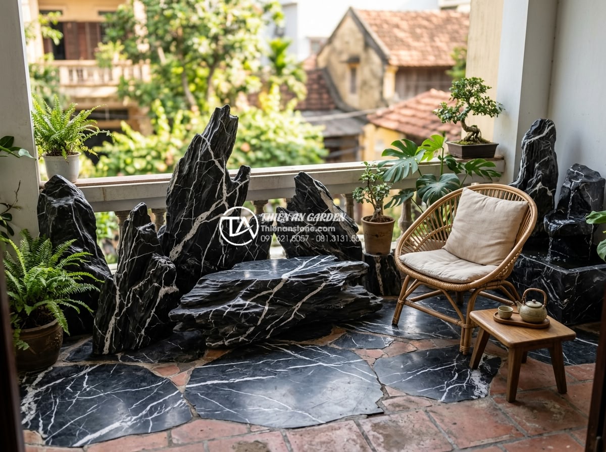 Xu hướng sử dụng sỏi quay và đá cuội trong trang trí ban công 2026 - Peaceful balcony scene with natural stones creating therapeutic environment for 