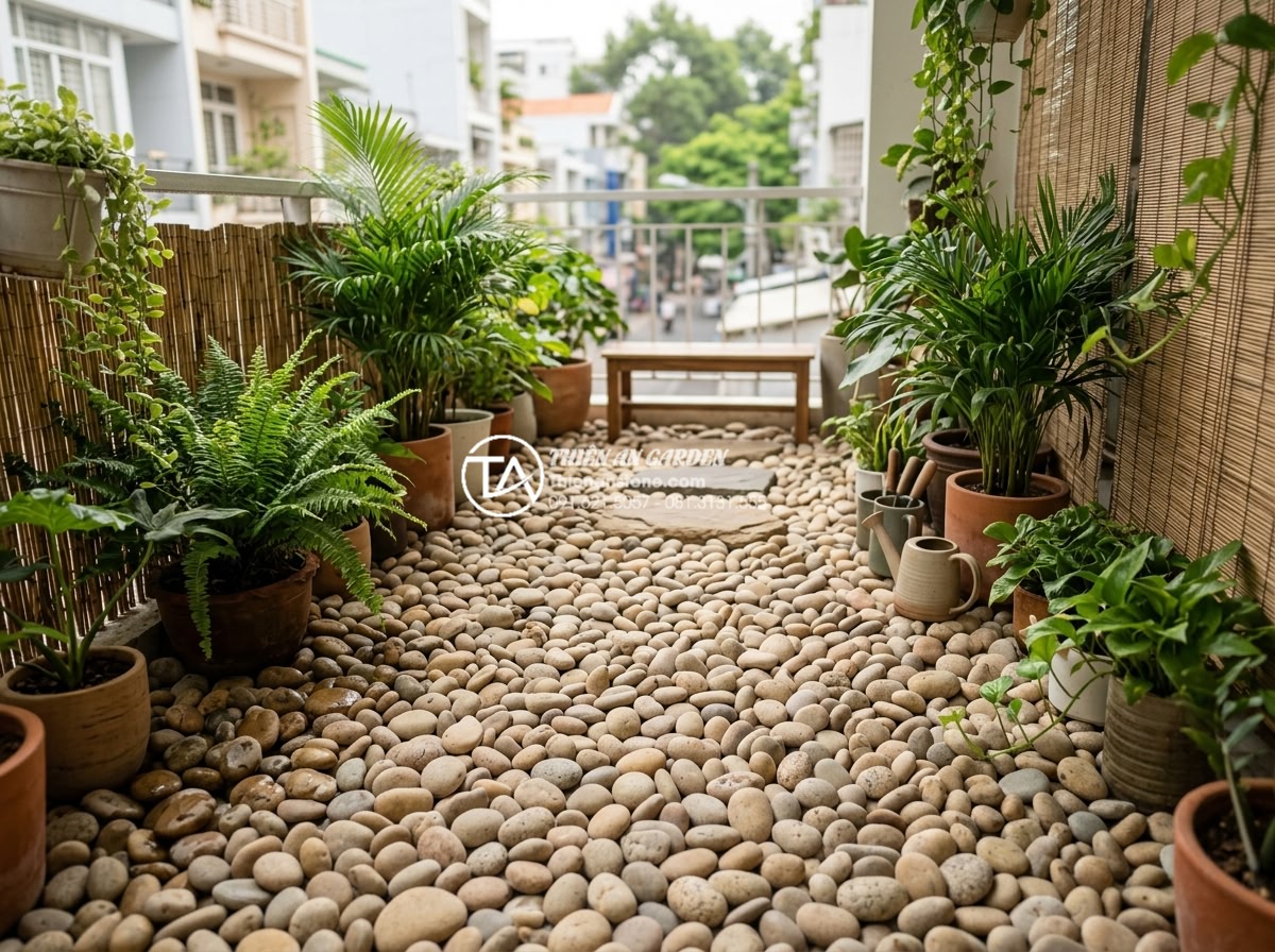 Xu hướng sử dụng sỏi quay và đá cuội trong trang trí ban công 2026 - Eco-friendly balcony design highlighting environmental benefits of using natural
