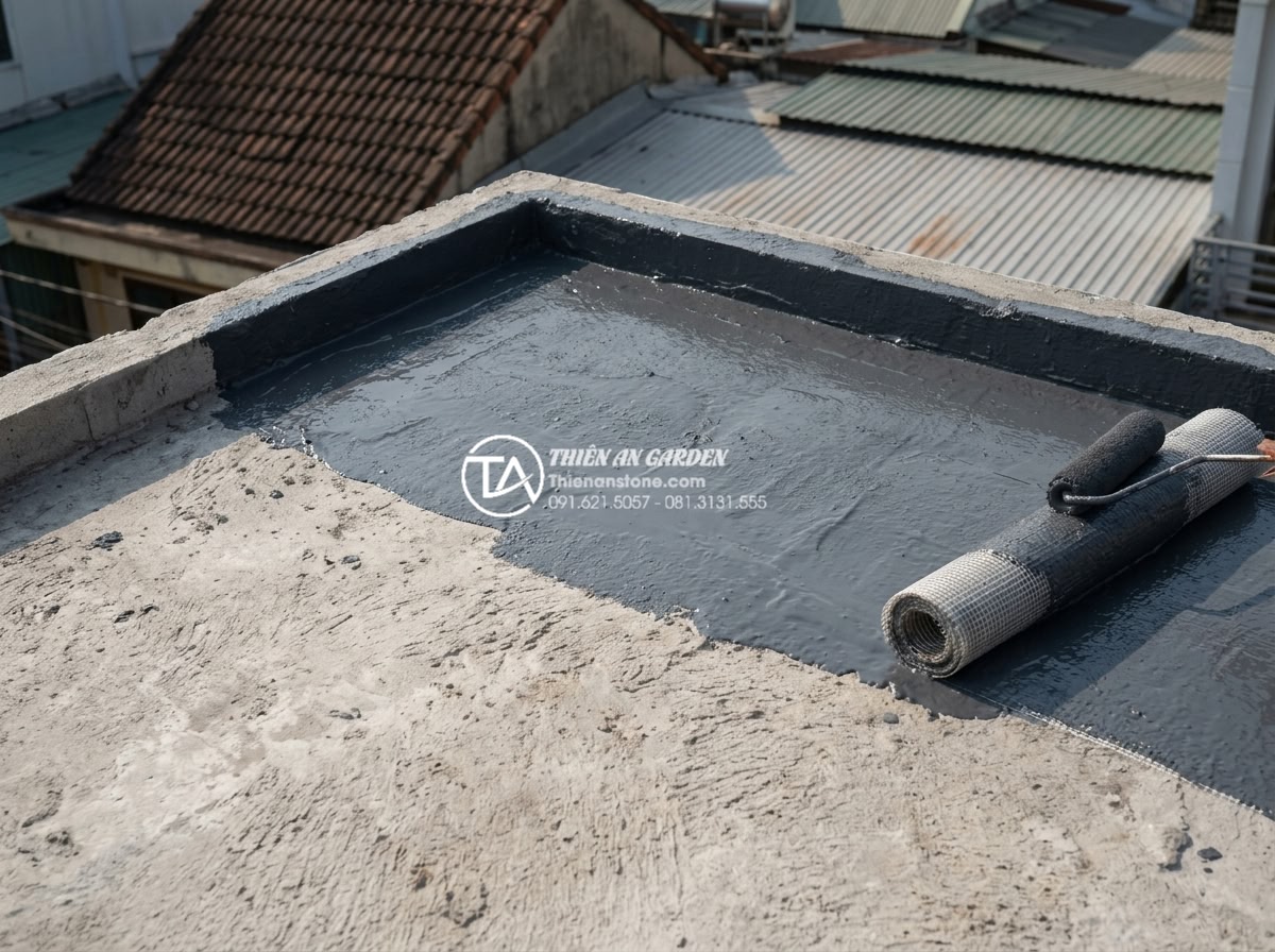 Xu hướng sử dụng sỏi quay và đá cuội trong trang trí ban công 2026 - Professional step-by-step balcony stone installation process showing waterproofi