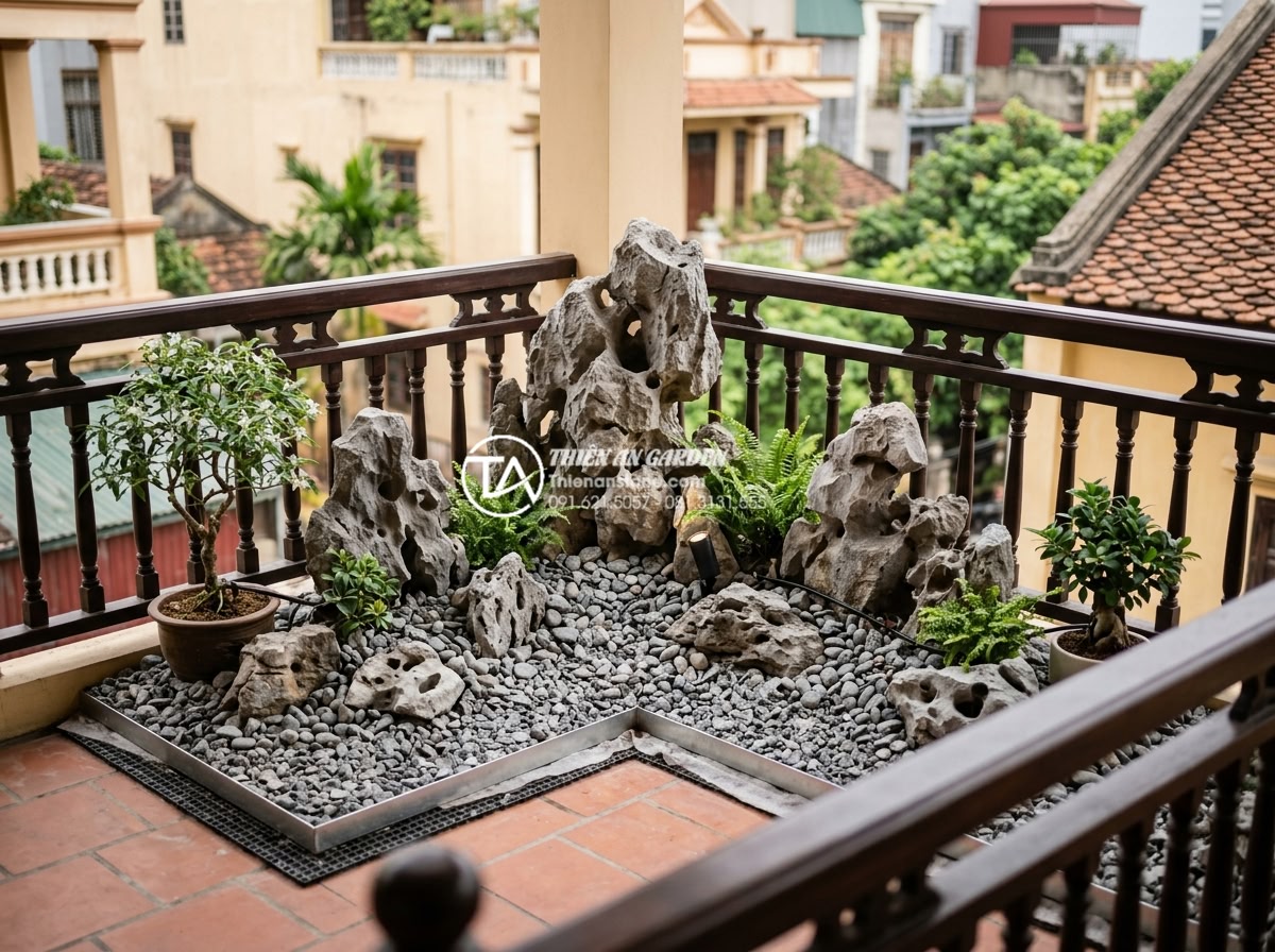 Xu hướng sử dụng sỏi quay và đá cuội trong trang trí ban công 2026 - Completed professional installation of gravel and pebble balcony design with all