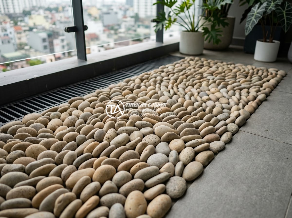 Xu hướng sử dụng sỏi quay và đá cuội trong trang trí ban công 2026 - Close-up view of mixed polished gravel and smooth river stones arranged in artis