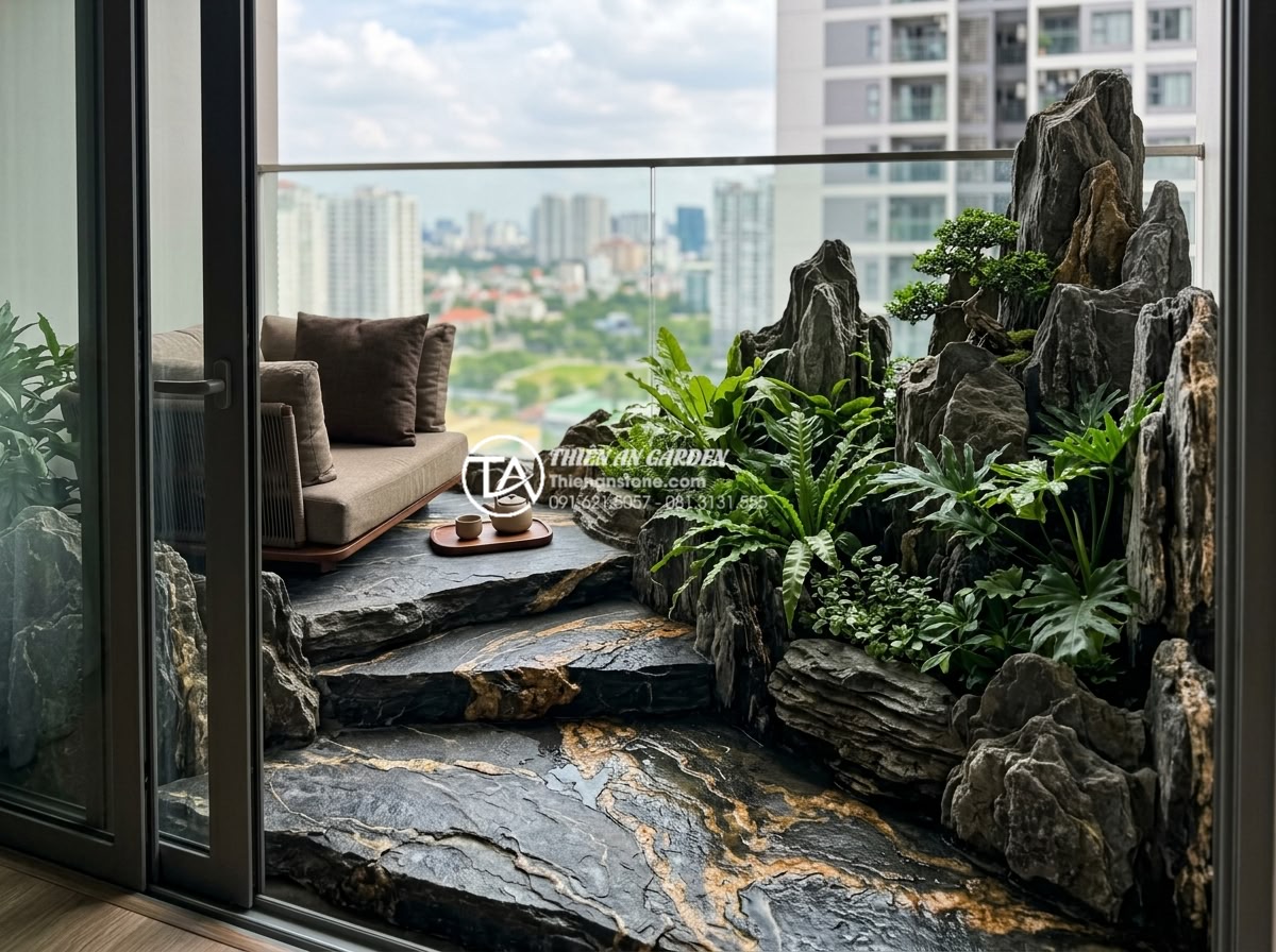 Xu hướng sử dụng sỏi quay và đá cuội trong trang trí ban công 2026 - Luxurious 2026 balcony interior with layered pebble stones creating different le