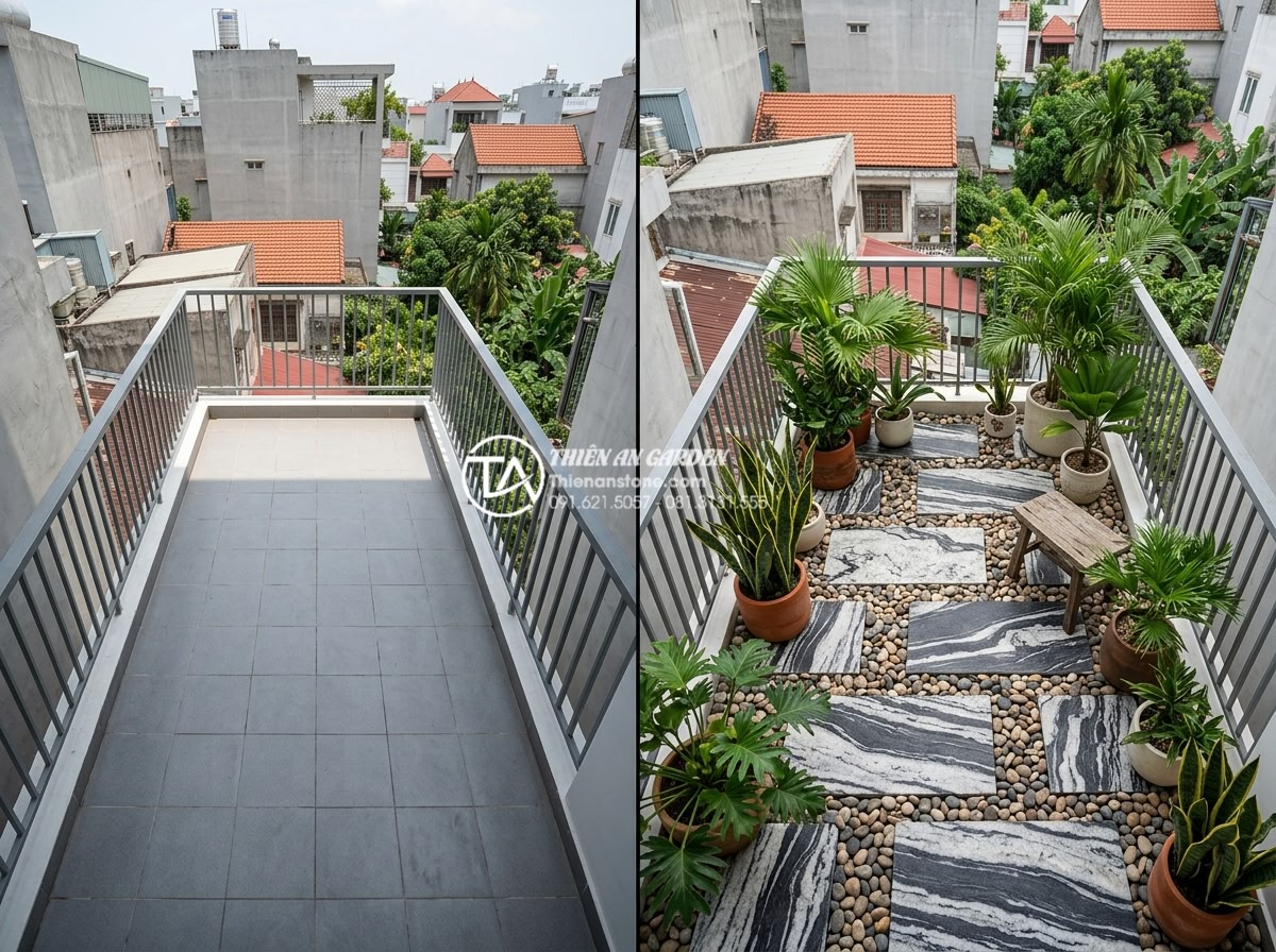 Xu hướng sử dụng sỏi quay và đá cuội trong trang trí ban công 2026 - Aerial view of modern balcony transformed with natural stones and pebbles showin