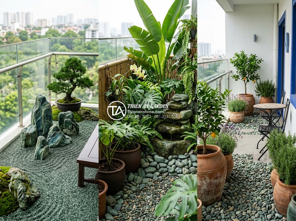 Xu hướng sử dụng sỏi quay và đá cuội trong trang trí ban công 2026 - Different modern balcony design styles using pebble and gravel stones in Zen, Tr