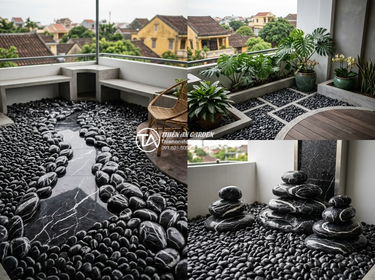 Xu hướng sử dụng sỏi quay và đá cuội trong trang trí ban công 2026 - Creative layout examples of pebble stones and polished gravel in various contemp