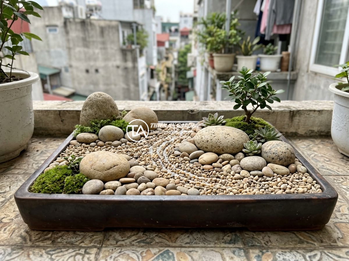 Xu hướng sử dụng sỏi quay và đá cuội trong trang trí ban công 2026 - Mini balcony zen garden created with polished gravel patterns and strategic pebb