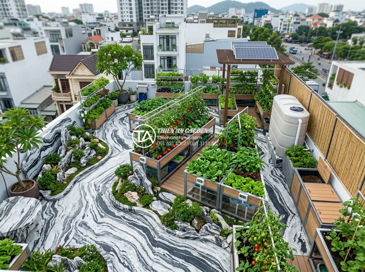 Xu hướng tiểu cảnh sân thượng kết hợp vườn rau sạch thông minh 2026 - Hình 2 Xu hướng tiểu cảnh sân thượng kết hợp vườn rau sạch thông minh 2026 - Aerial view of intelligent rooftop terrace in 2026 with modular smart vegetable