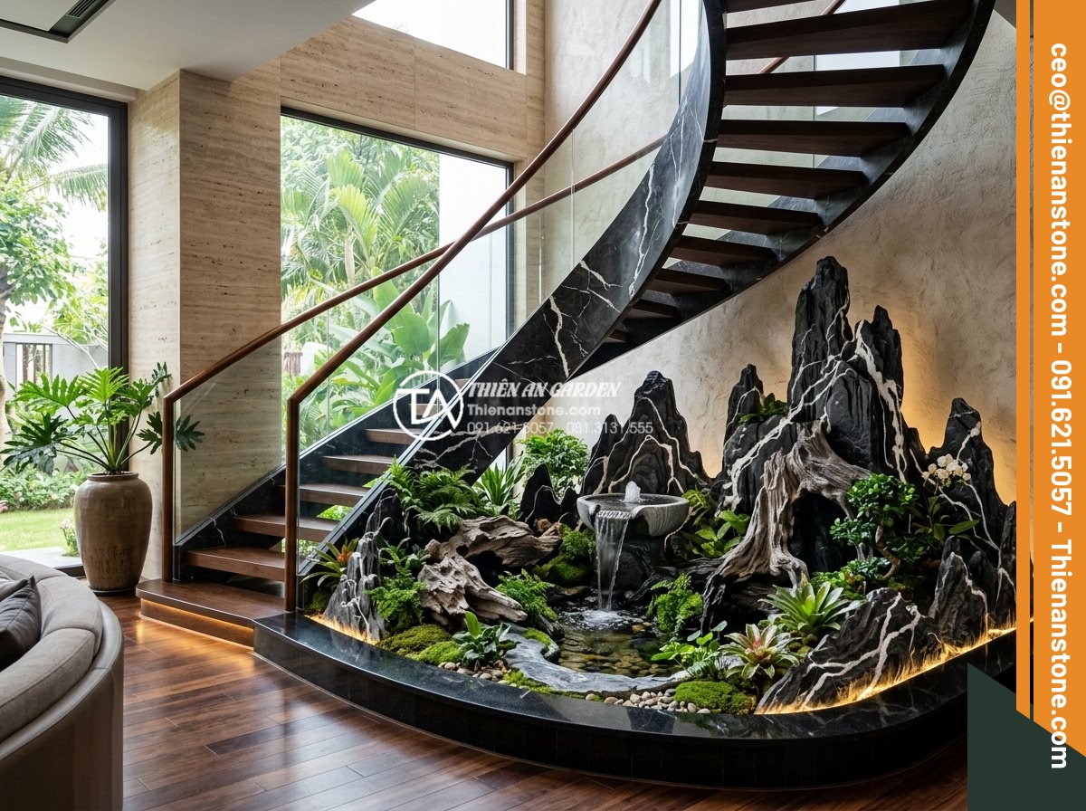Ý tưởng thiết kế tiểu cảnh cho gầm cầu thang xoắn ốc độc đáo và ấn tượng - Photorealistic image of a luxurious modern spiral staircase in a high-end villa,