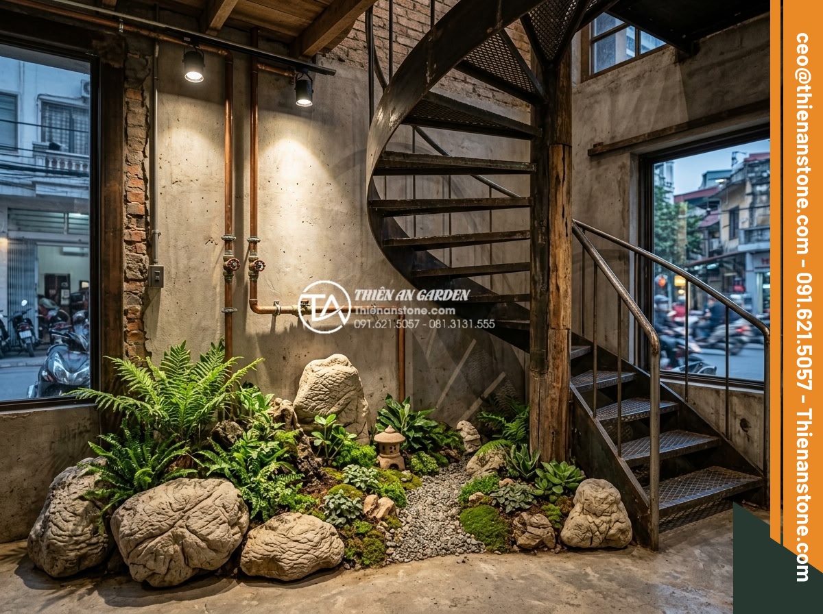 Ý tưởng thiết kế tiểu cảnh cho gầm cầu thang xoắn ốc độc đáo và ấn tượng - Industrial style photorealistic image of a spiral staircase with raw stone and m