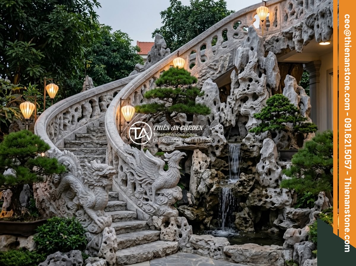 Ý tưởng thiết kế tiểu cảnh cho gầm cầu thang xoắn ốc độc đáo và ấn tượng - Traditional Vietnamese style photorealistic image of a spiral staircase under sp
