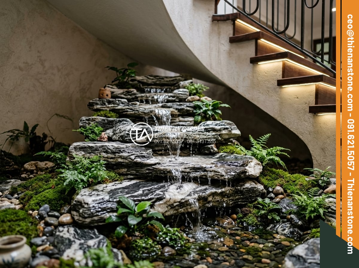 Ý tưởng thiết kế tiểu cảnh cho gầm cầu thang xoắn ốc độc đáo và ấn tượng - Photorealistic close-up of a beautiful cascading water feature in a natural ston