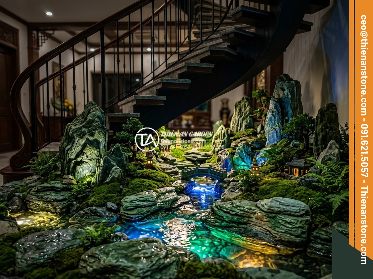 Ý tưởng thiết kế tiểu cảnh cho gầm cầu thang xoắn ốc độc đáo và ấn tượng - Stunning night time photorealistic image of a spiral staircase undercroft miniat