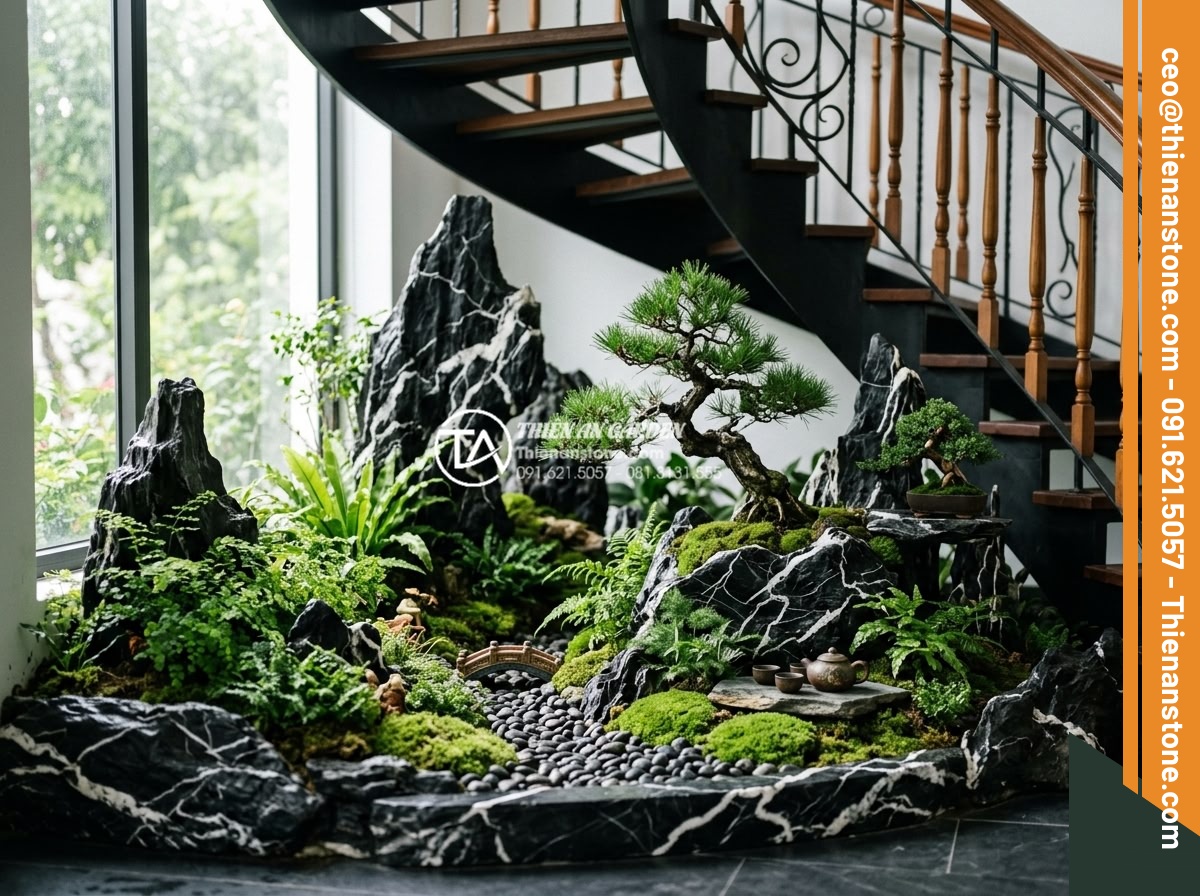 Ý tưởng thiết kế tiểu cảnh cho gầm cầu thang xoắn ốc độc đáo và ấn tượng - Lush photorealistic image of a miniature garden under spiral staircase with care