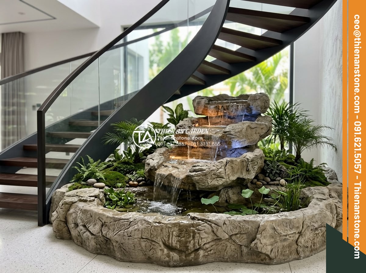 Ý tưởng thiết kế tiểu cảnh cho gầm cầu thang xoắn ốc độc đáo và ấn tượng - Photorealistic rendering of modern black granite waterfall miniature garden unde