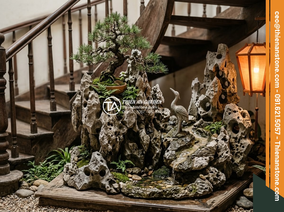 Ý tưởng thiết kế tiểu cảnh cho gầm cầu thang xoắn ốc độc đáo và ấn tượng - Traditional style photorealistic image of sandstone non-bo miniature mountain wi