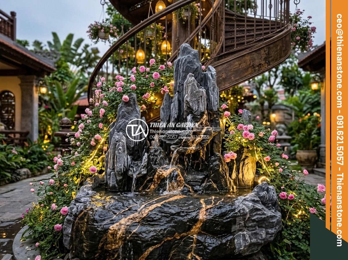 Ý tưởng thiết kế tiểu cảnh cho gầm cầu thang xoắn ốc độc đáo và ấn tượng - Romantic European style photorealistic image of white marble water fountain with