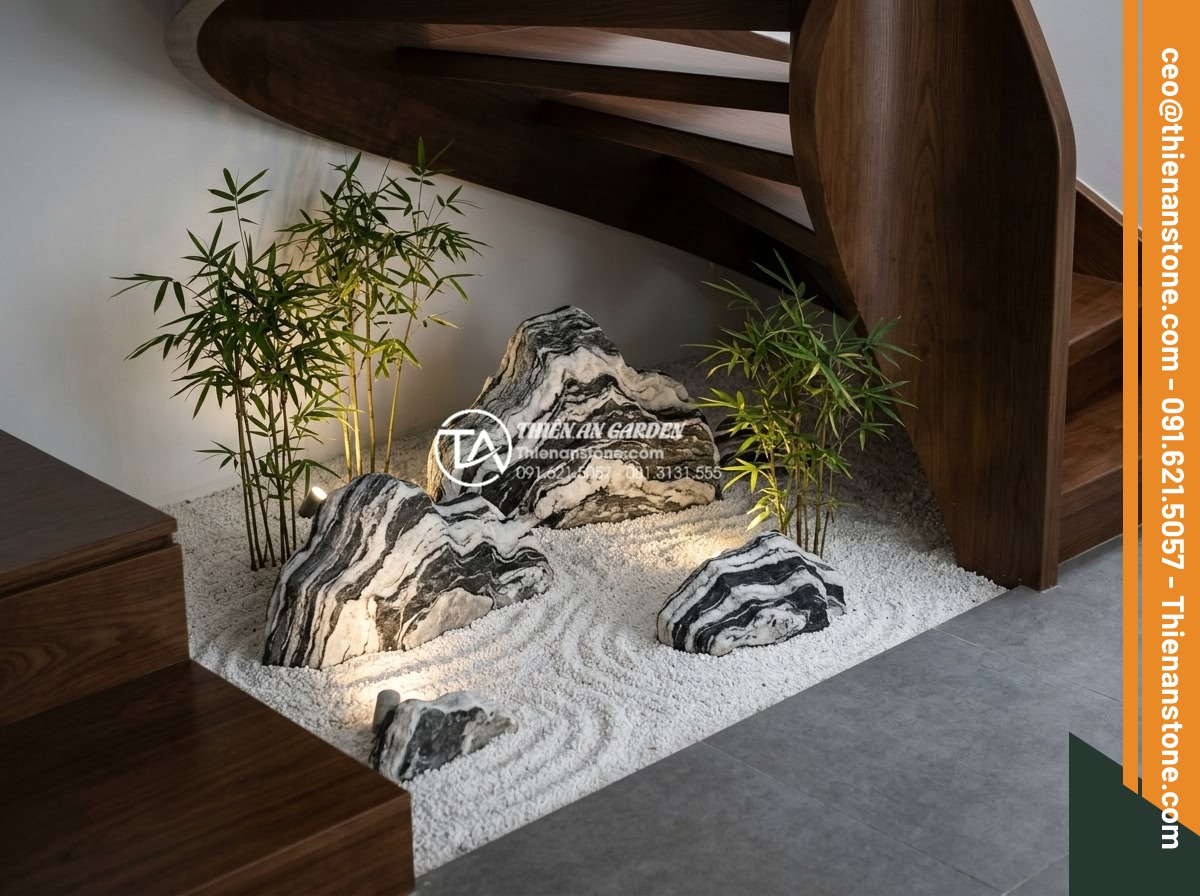 Ý tưởng thiết kế tiểu cảnh cho gầm cầu thang xoắn ốc độc đáo và ấn tượng - Zen Japanese style photorealistic miniature garden with rough black basalt stone