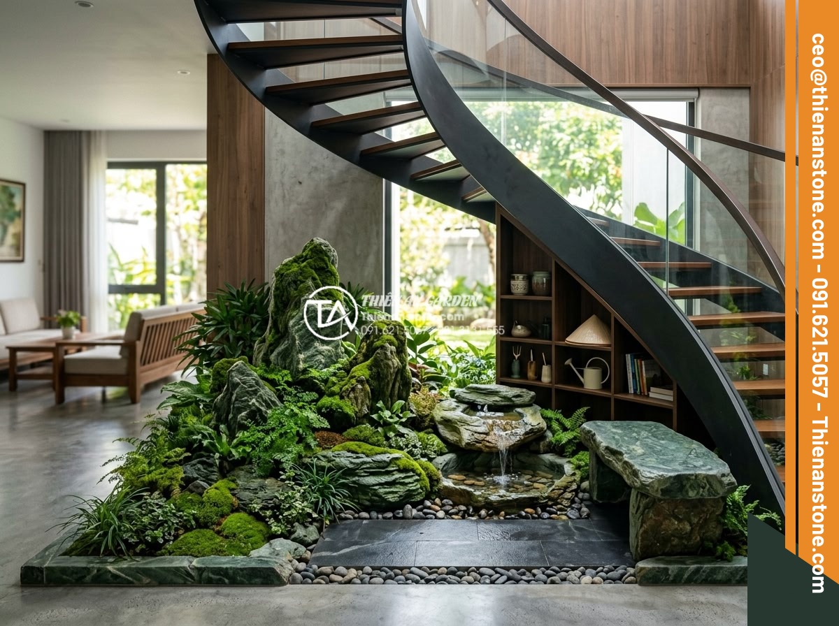 Ý tưởng thiết kế tiểu cảnh cho gầm cầu thang xoắn ốc độc đáo và ấn tượng - Functional photorealistic image of a creative miniature garden under spiral stai
