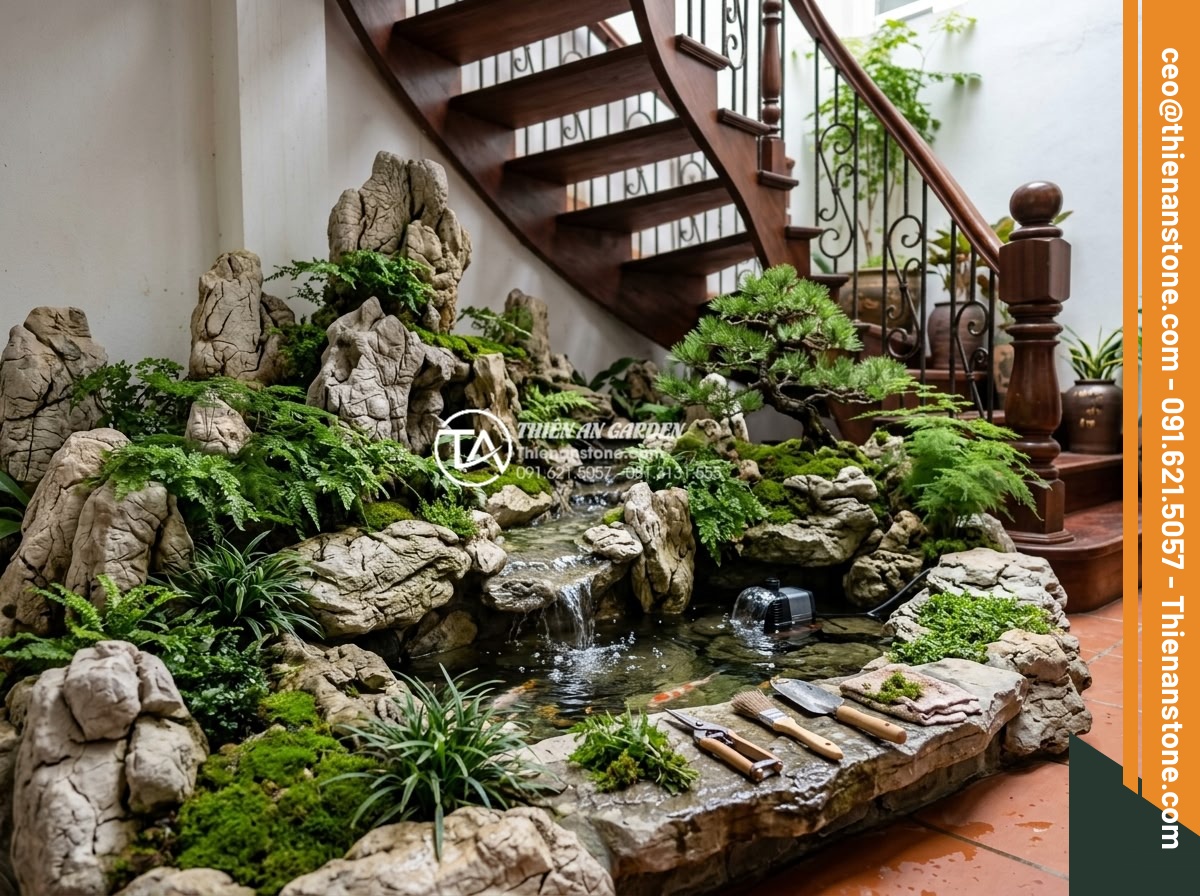 Ý tưởng thiết kế tiểu cảnh cho gầm cầu thang xoắn ốc độc đáo và ấn tượng - Photorealistic image of routine maintenance of a beautiful stone and water minia