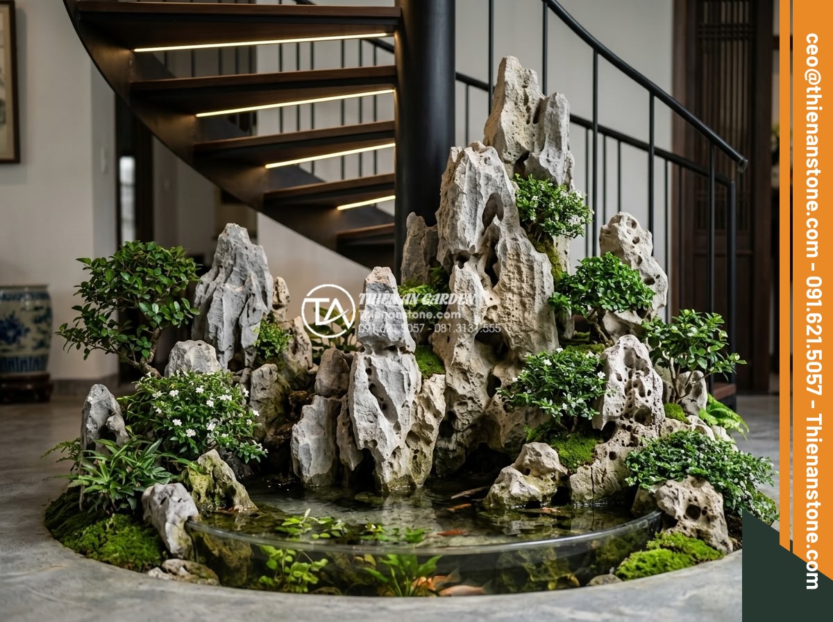 Ý tưởng thiết kế tiểu cảnh cho gầm cầu thang xoắn ốc độc đáo và ấn tượng - Photorealistic long-term view of a well-maintained natural stone miniature garde