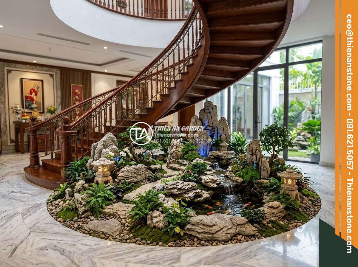 Ý tưởng thiết kế tiểu cảnh cho gầm cầu thang xoắn ốc độc đáo và ấn tượng - Wide angle photorealistic rendering of a grand spiral staircase with an impressi