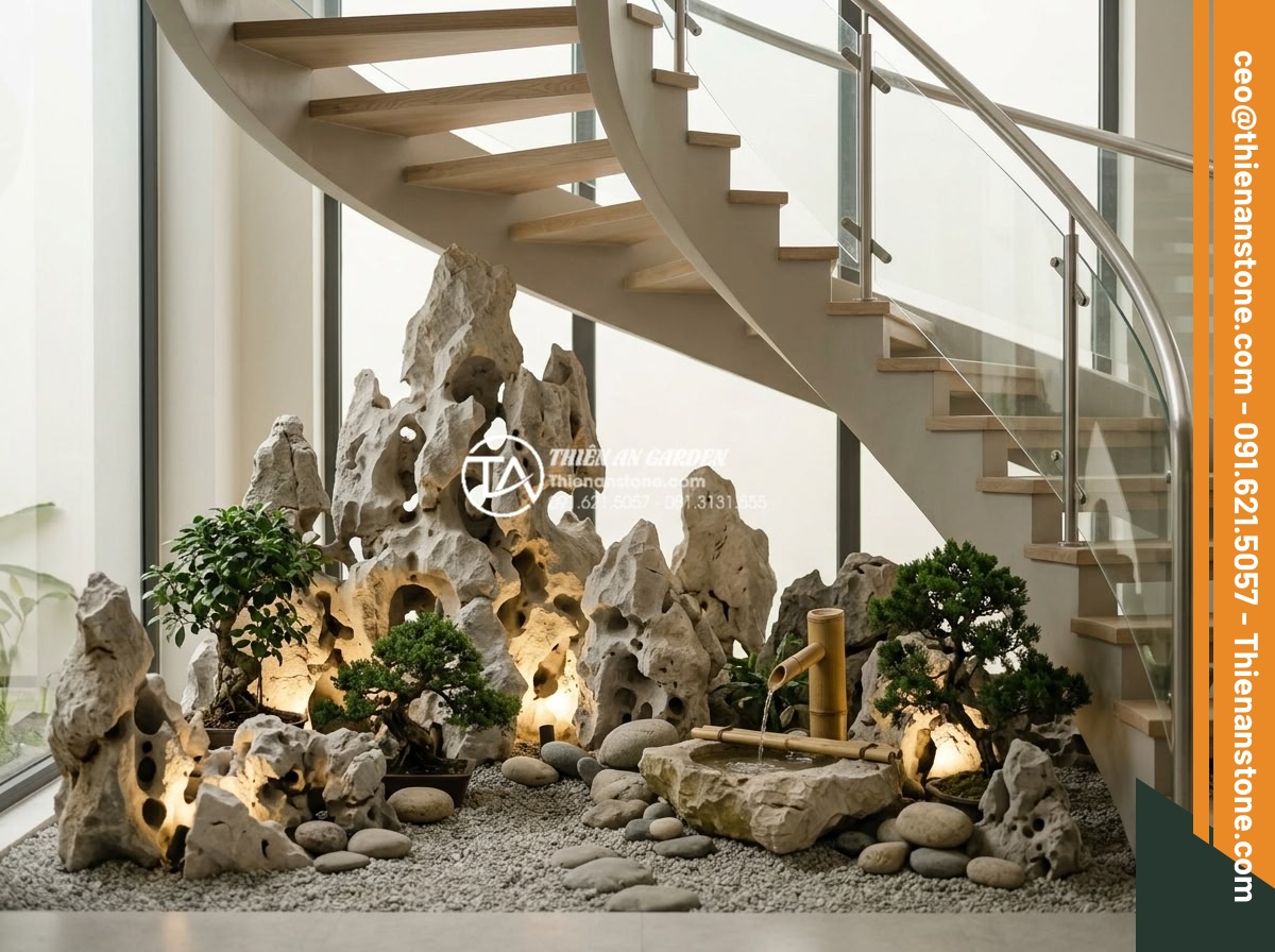 Ý tưởng thiết kế tiểu cảnh cho gầm cầu thang xoắn ốc độc đáo và ấn tượng - Realistic photograph of a contemporary spiral staircase under space transformed 