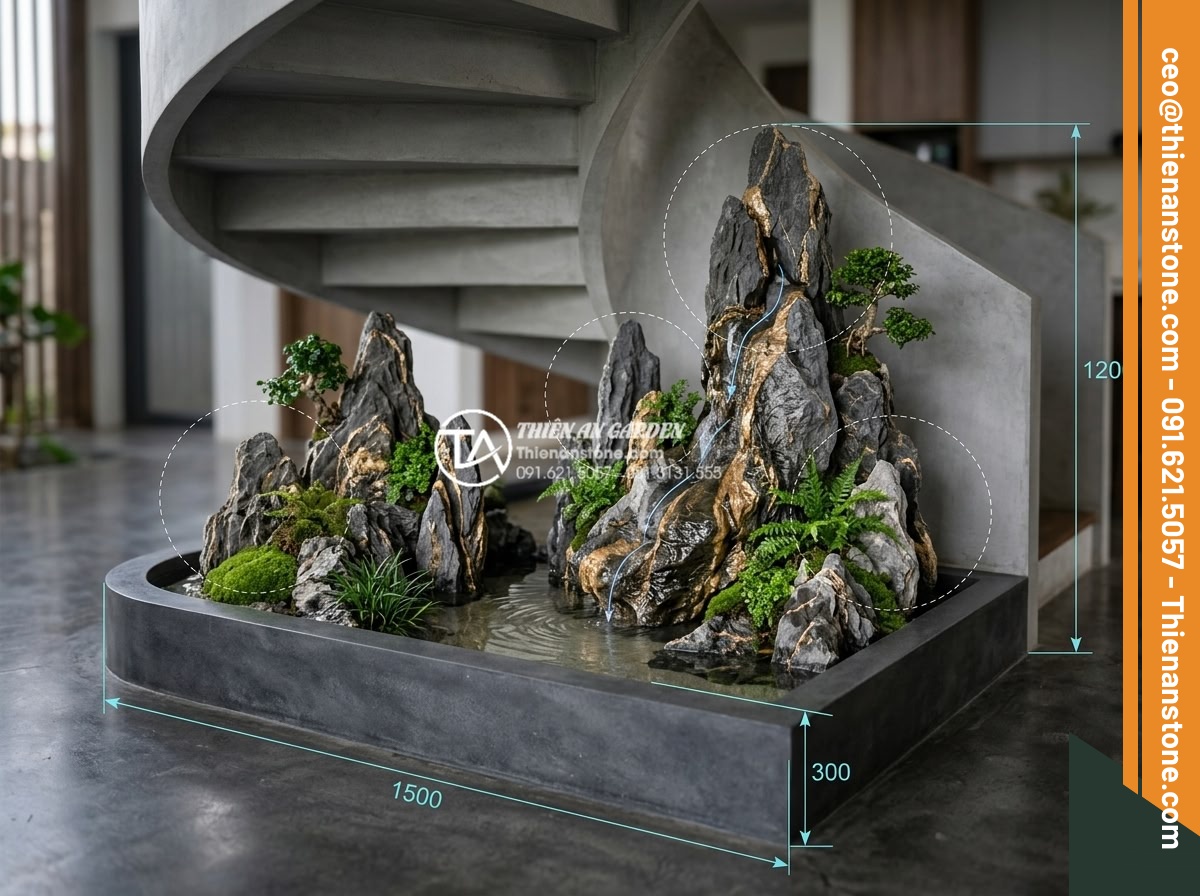 Ý tưởng thiết kế tiểu cảnh cho gầm cầu thang xoắn ốc độc đáo và ấn tượng - Detailed photorealistic image showing the design principles of a spiral staircas