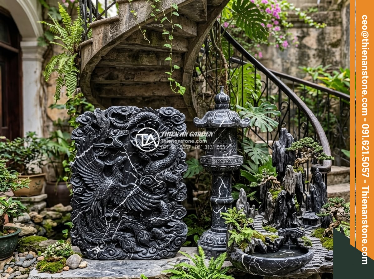 Ý tưởng thiết kế tiểu cảnh cho gầm cầu thang xoắn ốc độc đáo và ấn tượng - Artistic photorealistic image of hand-carved natural stone sculptures for garden