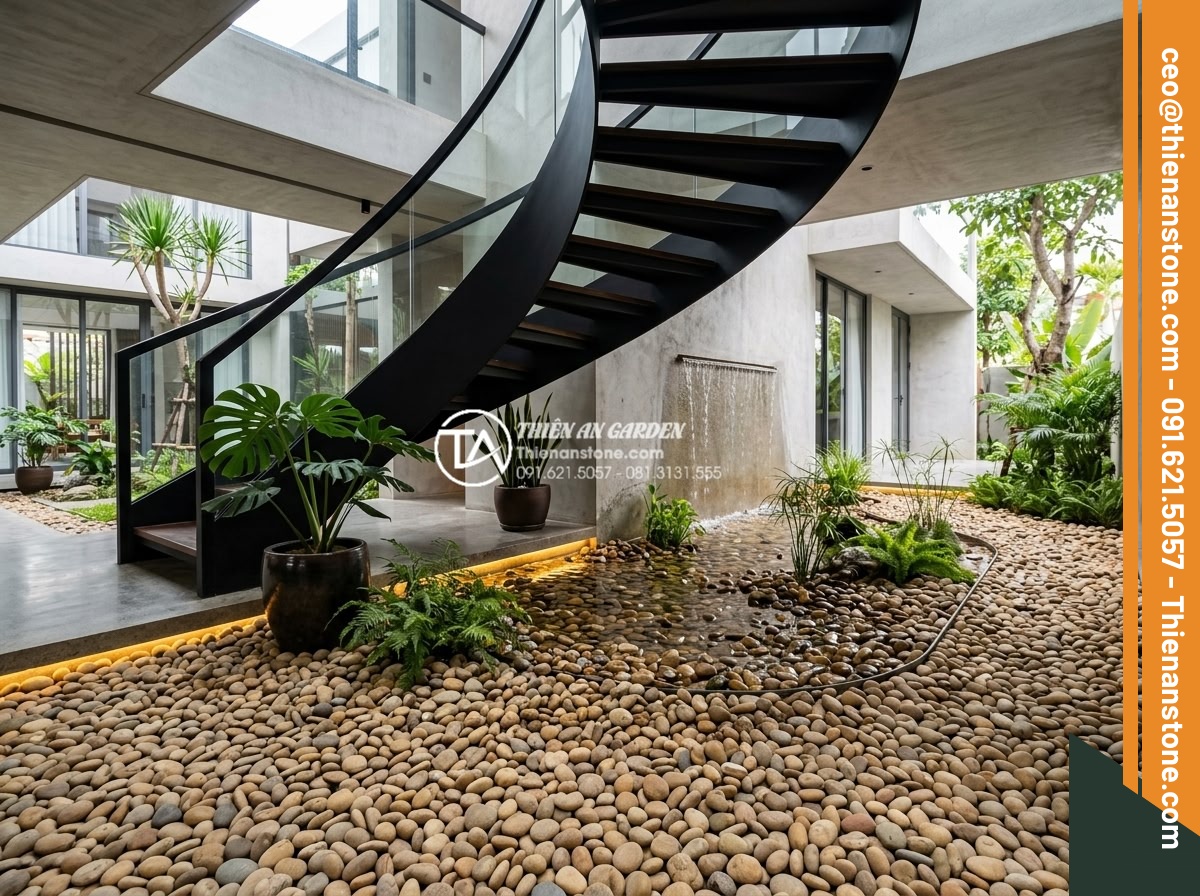 Ý tưởng thiết kế tiểu cảnh cho gầm cầu thang xoắn ốc độc đáo và ấn tượng - Modern minimalist photorealistic rendering of a spiral staircase undercroft with