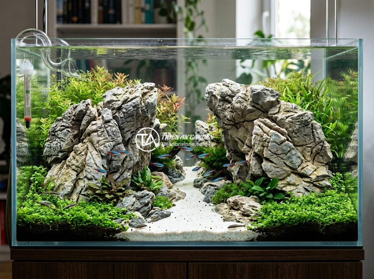 10+ Ý Tưởng Layout Đá Da Voi Đơn Giản Mà Đẹp Cho Bể Thủy Sinh Người Mới Chơi - Aquascape elephant skin stone canyon layout with two rock formations facing each