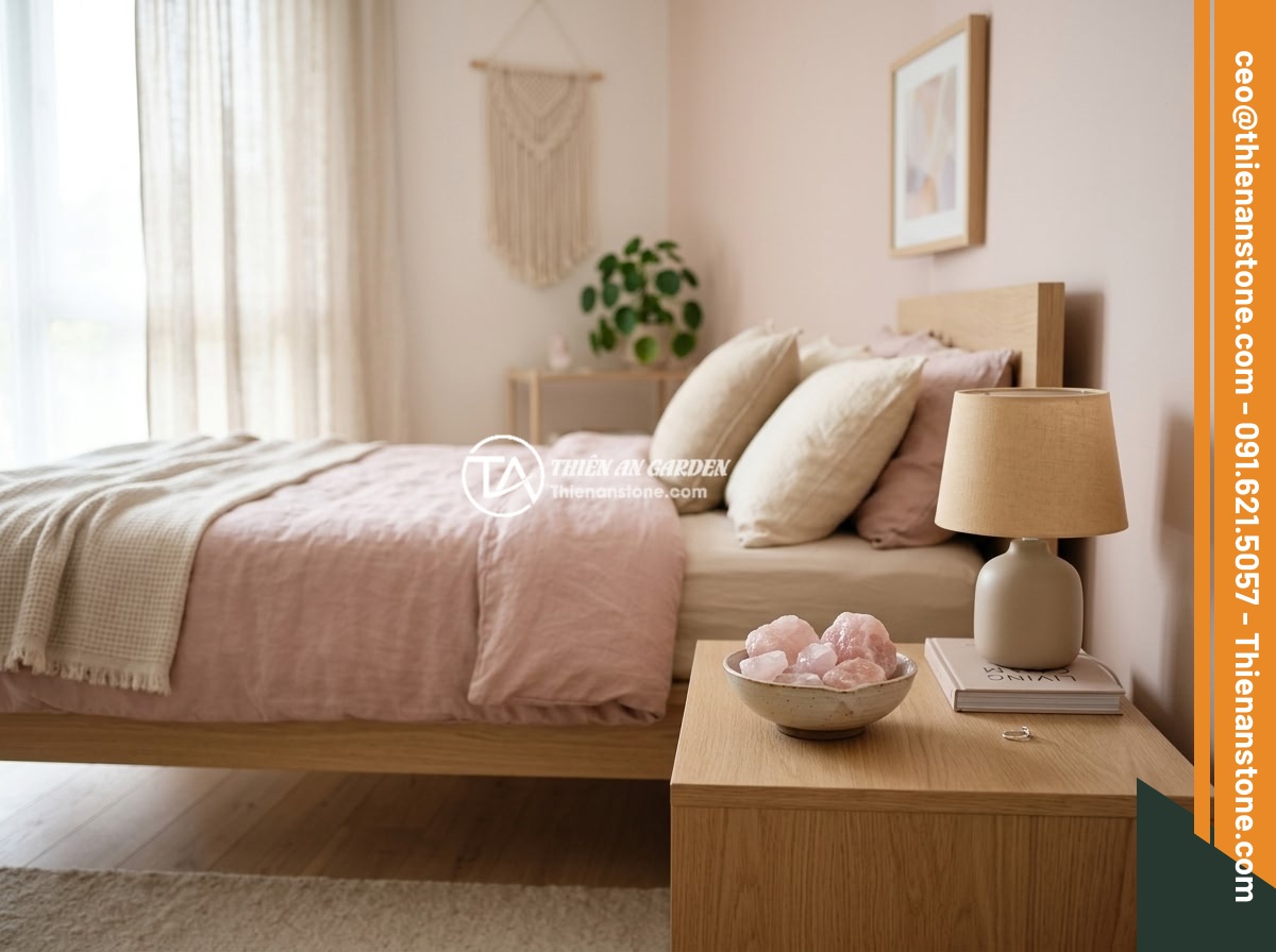 3 Cách Bố Trí Đá Thạch Anh Vụn Trong Phòng Ngủ Hợp Phong Thủy Nhất - Hình 2 3 Cách Bố Trí Đá Thạch Anh Vụn Trong Phòng Ngủ Hợp Phong Thủy Nhất - A serene modern bedroom with soft pastel tones and a small decorative bowl of ro