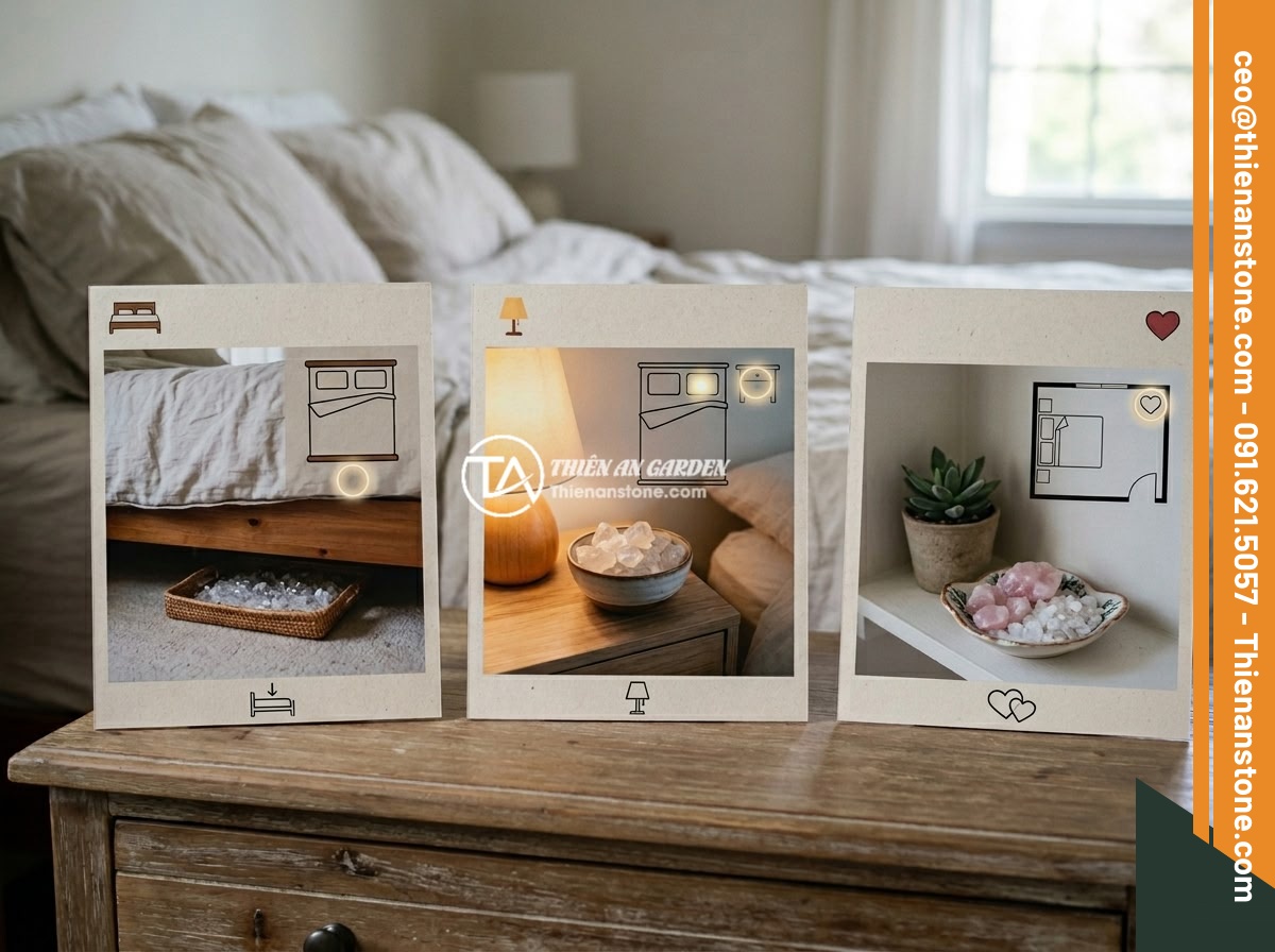 3 Cách Bố Trí Đá Thạch Anh Vụn Trong Phòng Ngủ Hợp Phong Thủy Nhất - Hình 6 3 Cách Bố Trí Đá Thạch Anh Vụn Trong Phòng Ngủ Hợp Phong Thủy Nhất - An infographic comparing three methods of placing crushed quartz crystals in a b