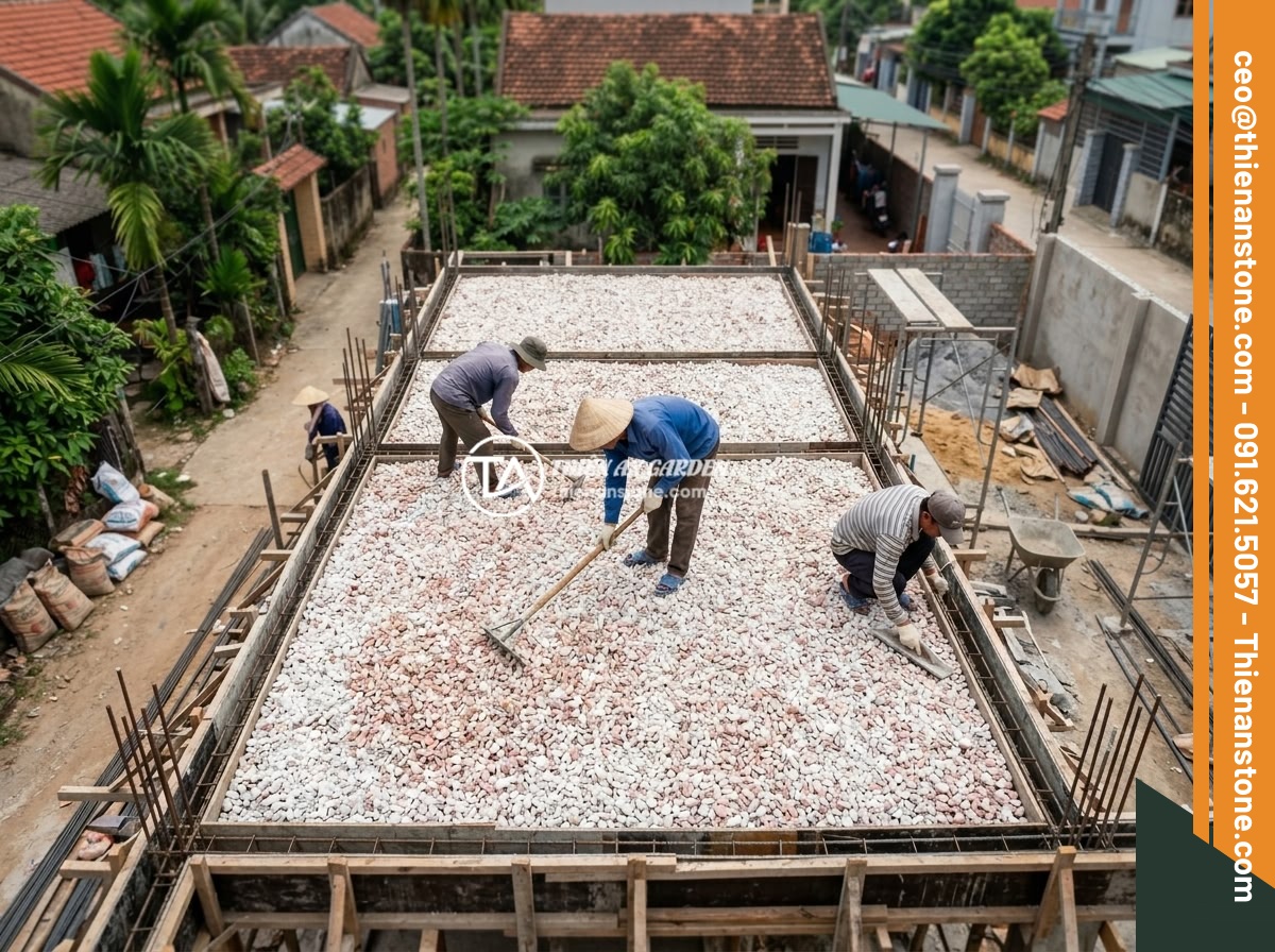 5 Lỗi Thường Gặp Khi Rải Đá Thạch Anh Vụn Dưới Nền Nhà Và Cách Khắc Phục - Overhead view of crushed quartz stones spread evenly on a construction foundatio