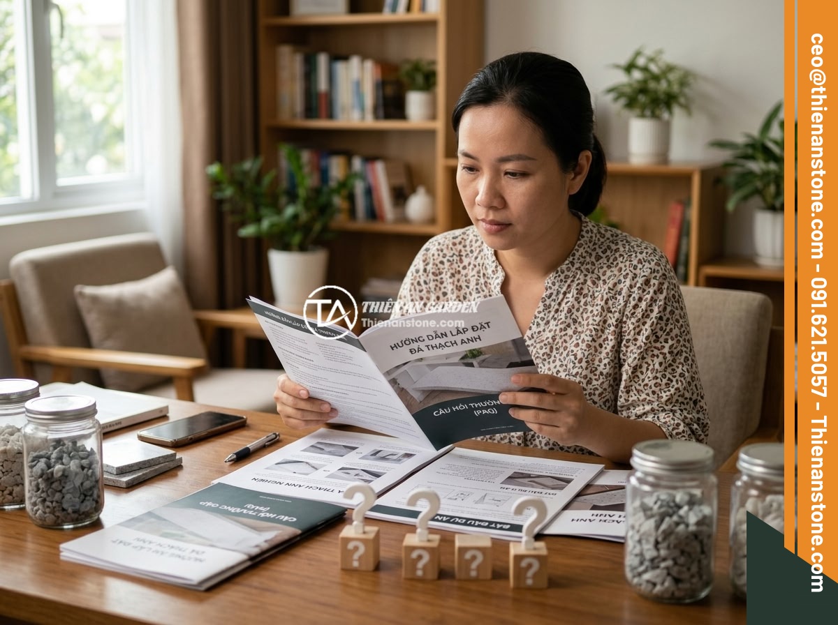 5 Lỗi Thường Gặp Khi Rải Đá Thạch Anh Vụn Dưới Nền Nhà Và Cách Khắc Phục - FAQ concept image showing a Vietnamese homeowner reading documents about quartz 