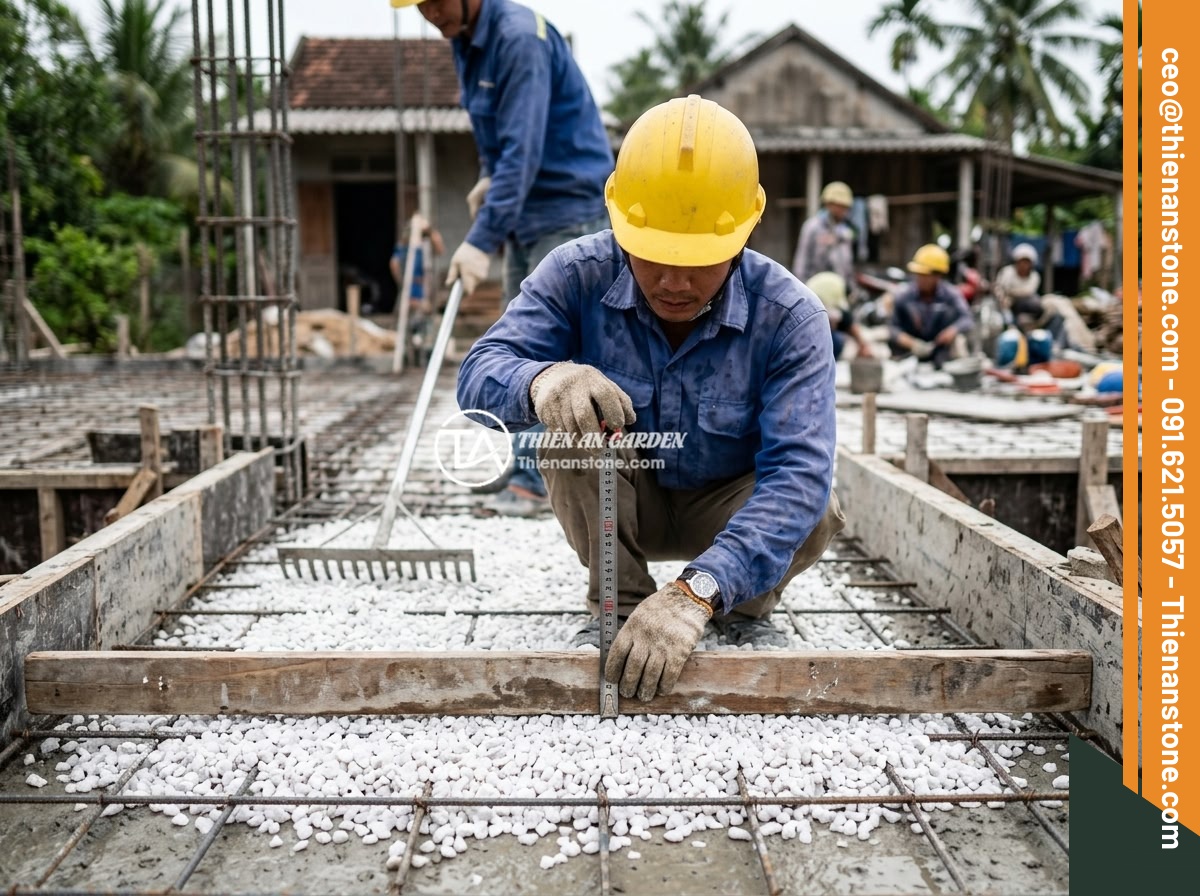 5 Lỗi Thường Gặp Khi Rải Đá Thạch Anh Vụn Dưới Nền Nhà Và Cách Khắc Phục - Construction workers using a leveling tool to ensure even distribution of crushe