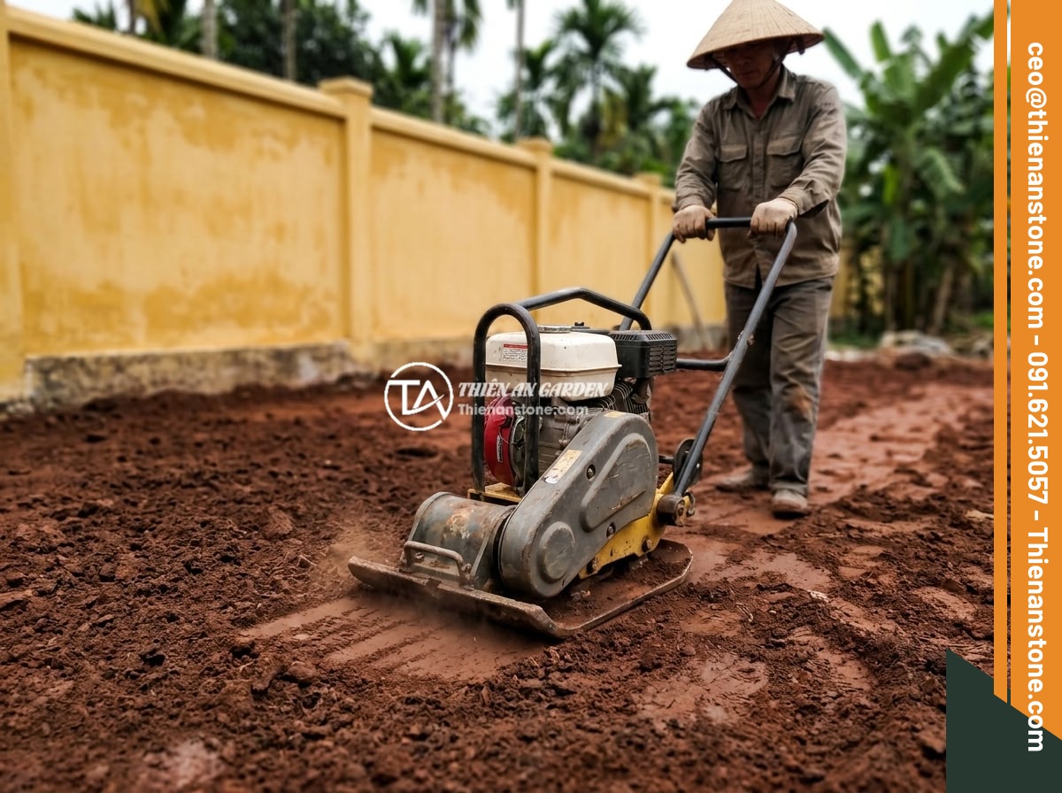 5 Lỗi Thường Gặp Khi Rải Đá Thạch Anh Vụn Dưới Nền Nhà Và Cách Khắc Phục - Step-by-step preparation of soil foundation before laying quartz stones, showing