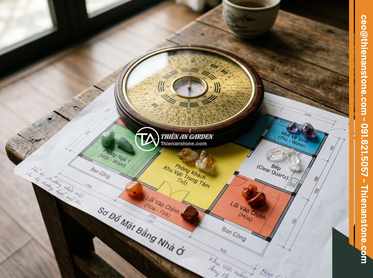 5 Lỗi Thường Gặp Khi Rải Đá Thạch Anh Vụn Dưới Nền Nhà Và Cách Khắc Phục - Feng shui compass (Luo Pan) placed on a house floor plan diagram showing the str