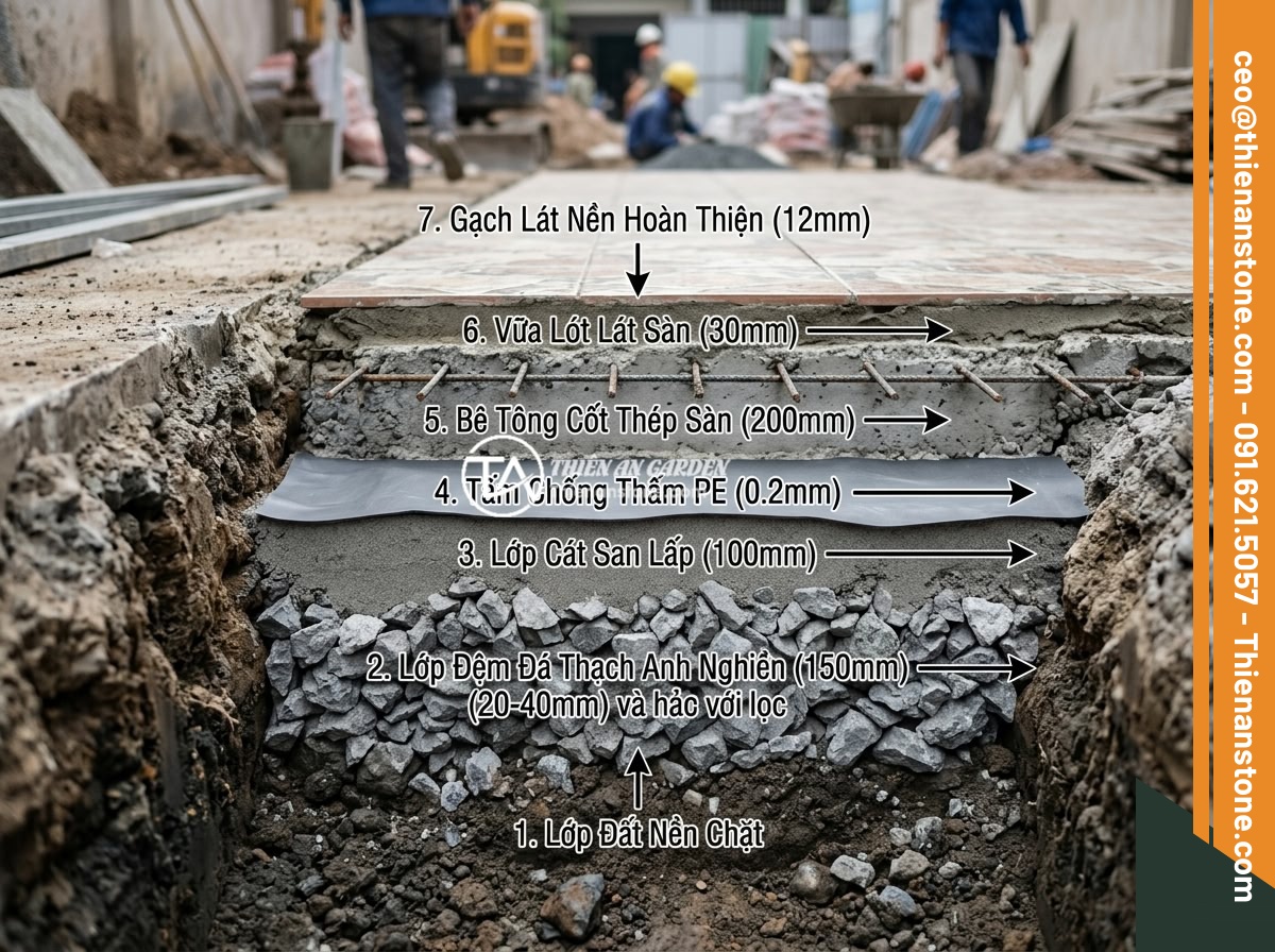 5 Lỗi Thường Gặp Khi Rải Đá Thạch Anh Vụn Dưới Nền Nhà Và Cách Khắc Phục - Cross-section diagram illustration of proper house foundation layering system wi