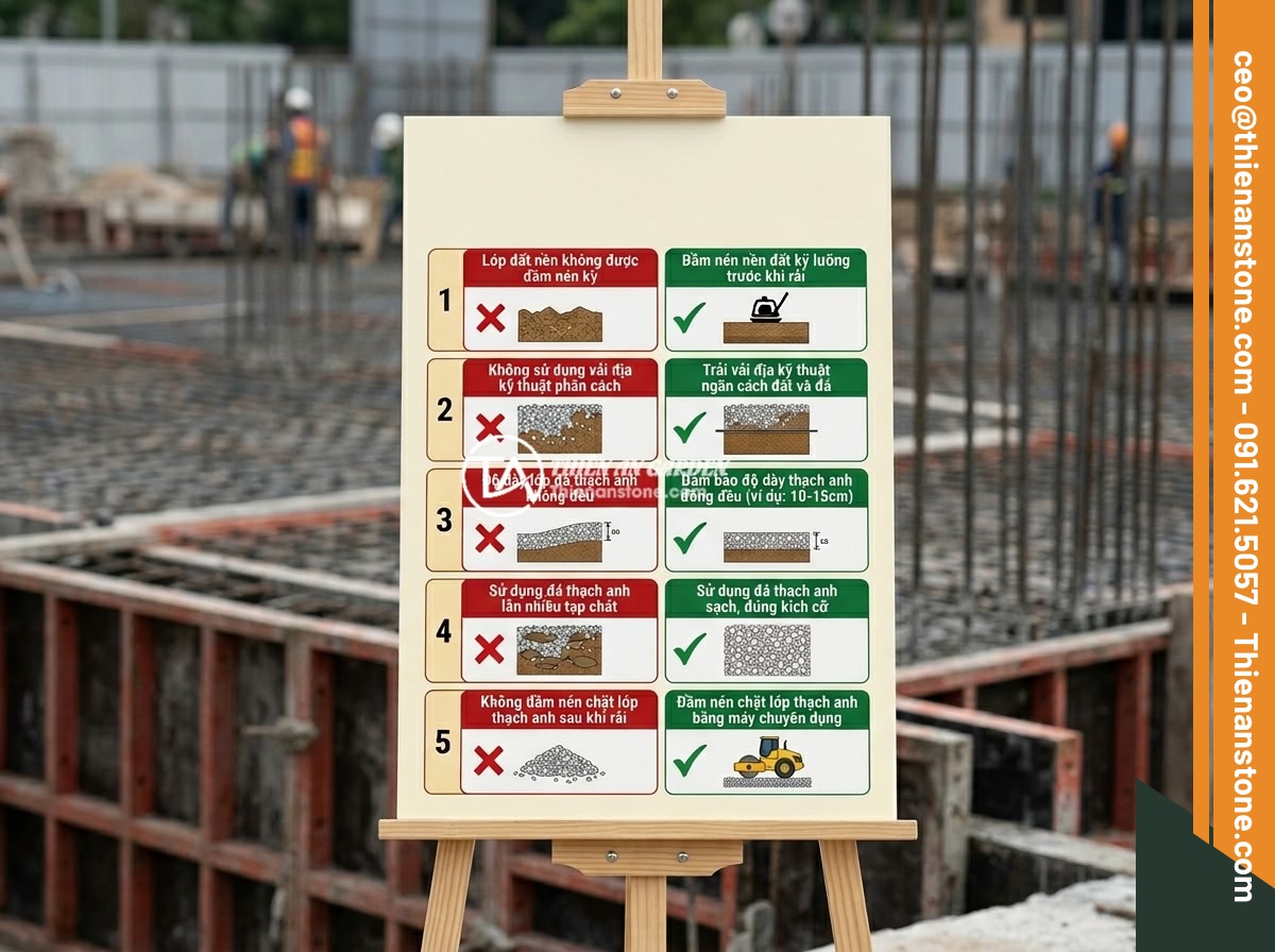 5 Lỗi Thường Gặp Khi Rải Đá Thạch Anh Vụn Dưới Nền Nhà Và Cách Khắc Phục - Infographic showing five common mistakes when laying crushed quartz under house 