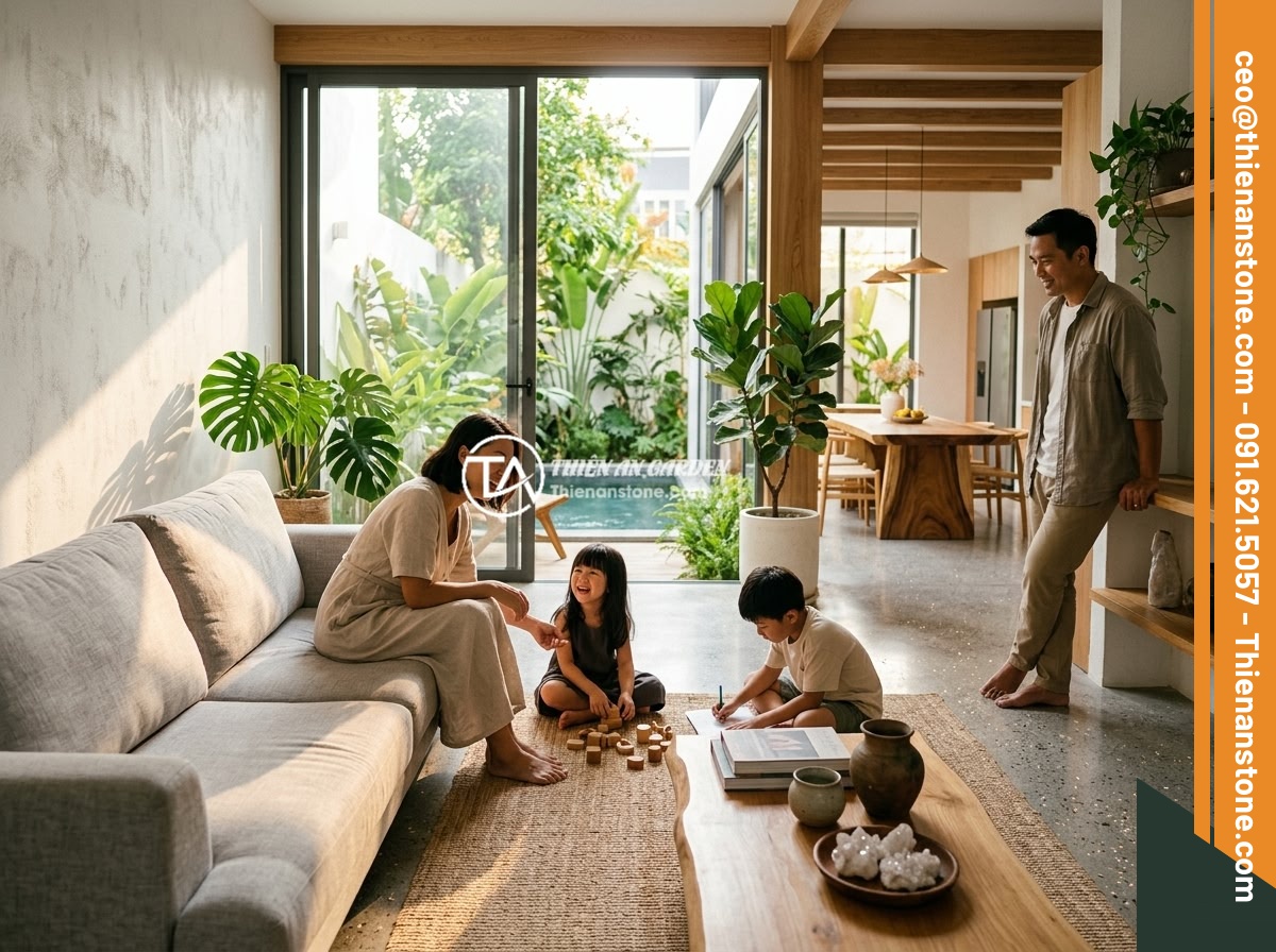 5 Lỗi Thường Gặp Khi Rải Đá Thạch Anh Vụn Dưới Nền Nhà Và Cách Khắc Phục - Beautiful modern Vietnamese villa interior with a peaceful atmosphere, showing t