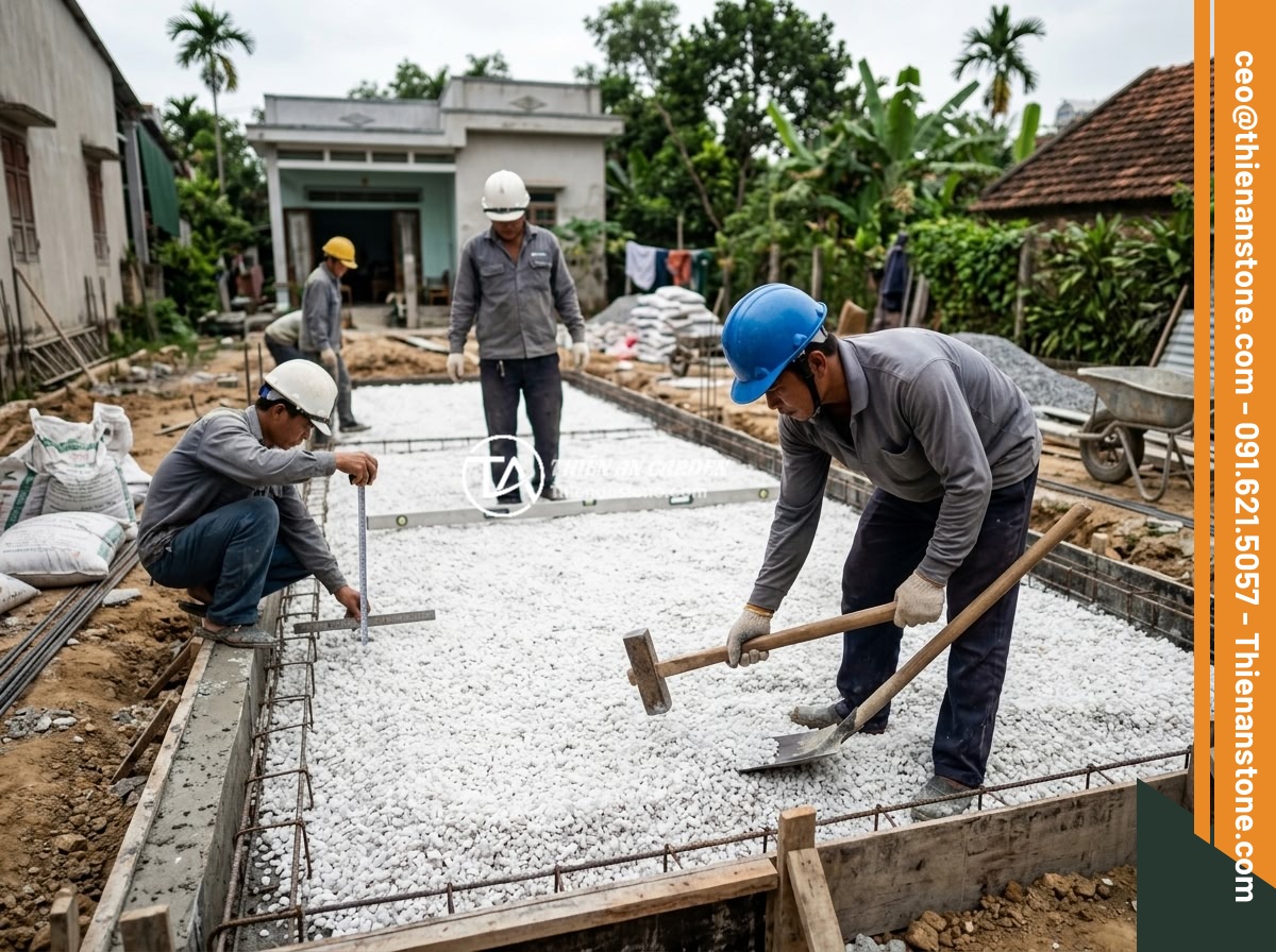 5 Lỗi Thường Gặp Khi Rải Đá Thạch Anh Vụn Dưới Nền Nhà Và Cách Khắc Phục - Professional construction team following a systematic process to lay crushed qua