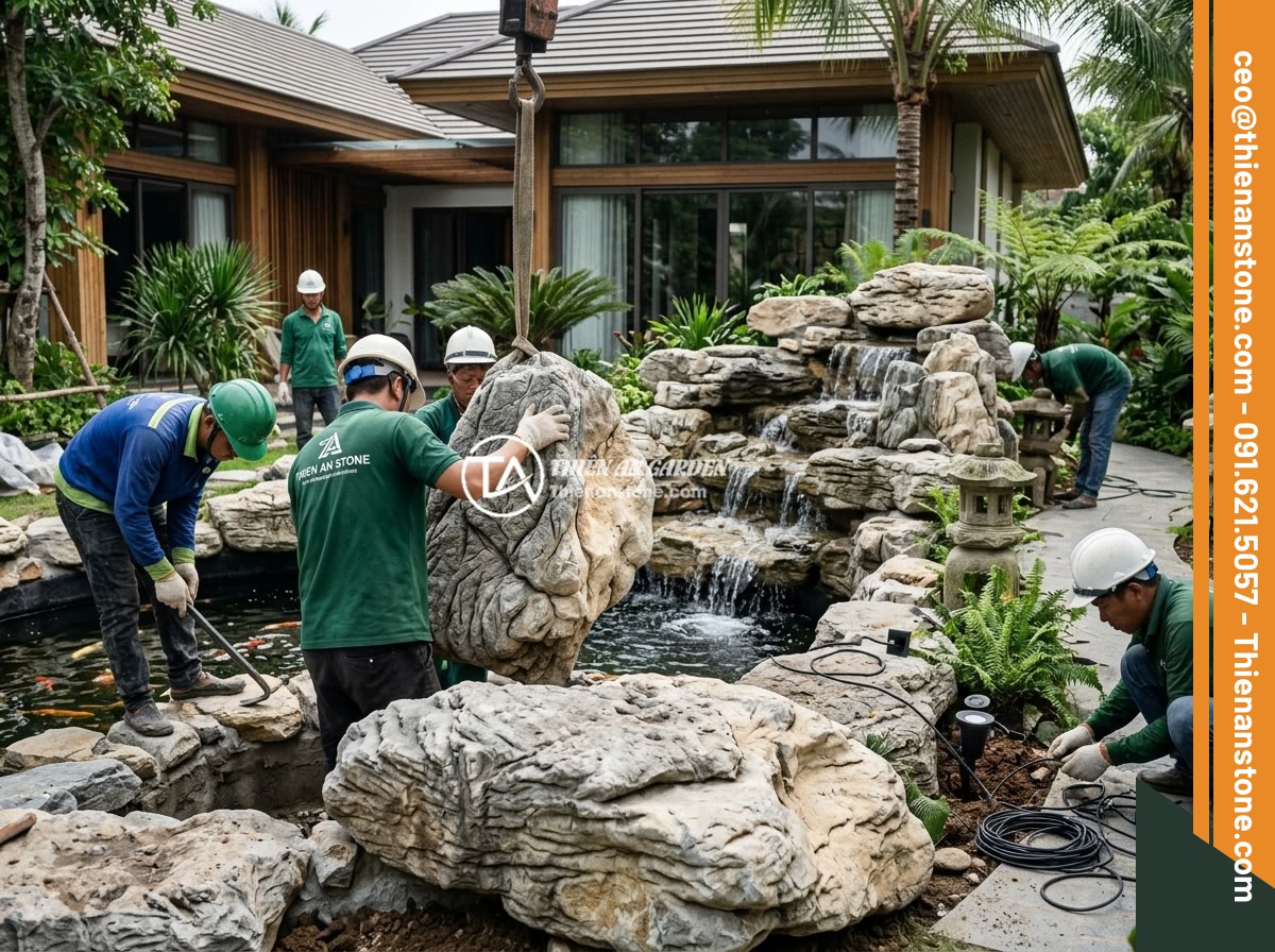 5 Ý Tưởng Kết Hợp Đá Da Voi Với Thác Nước Mini Và Đèn Đá Tạo Không Gian Sân Vườn Lung Linh - Hình 12 5 Ý Tưởng Kết Hợp Đá Da Voi Với Thác Nước Mini Và Đèn Đá Tạo Không Gian Sân Vườn Lung Linh - Professional landscape team from Thien An Stone installing elephant skin stones