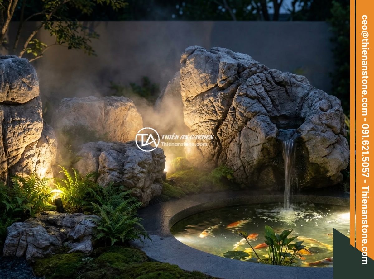 Bán Đá Da Voi Sỉ Lẻ - Dịch Vụ Mua Bán, Vận Chuyển Và Hỗ Trợ Thi Công Layout Chuyên Nghiệp - Modern luxury garden at night with elephant skin stones illuminated by LED spotl